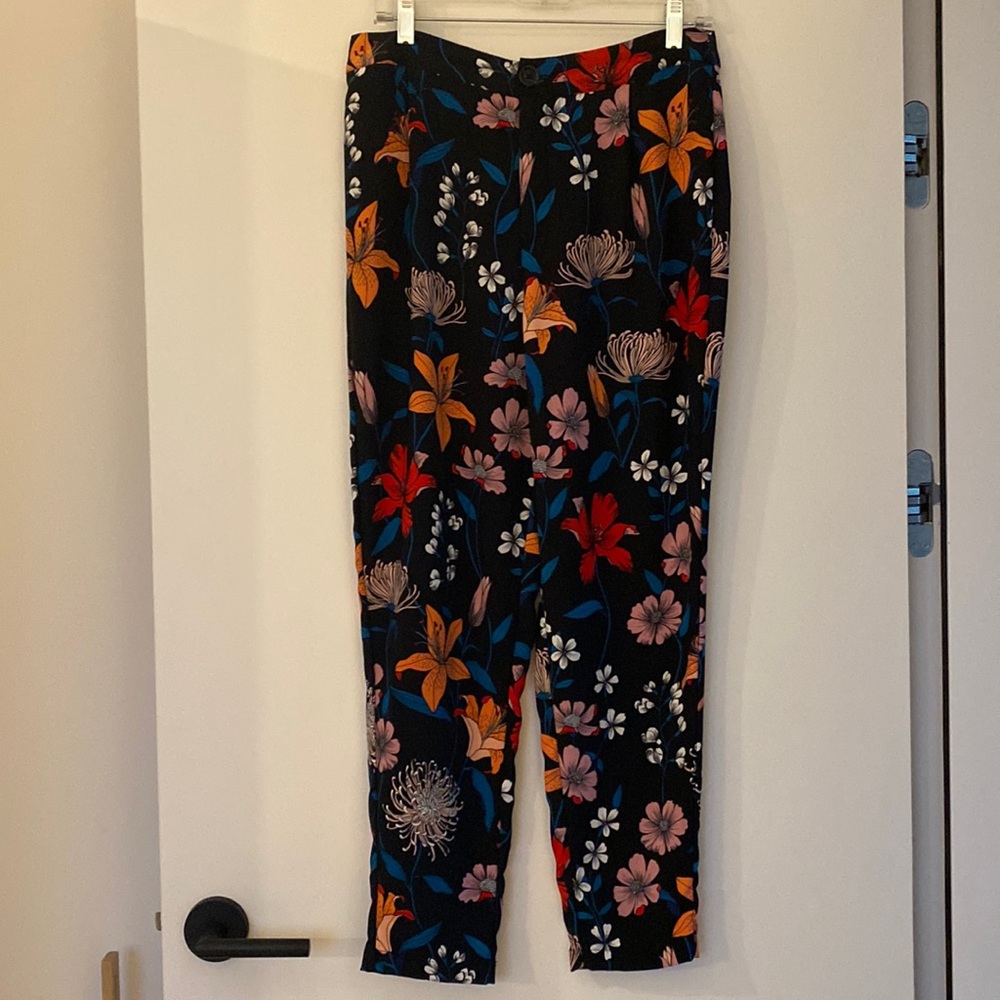 Who What Wear Black Floral Print Pants with Red, Orange, Pink & Blue Flowers